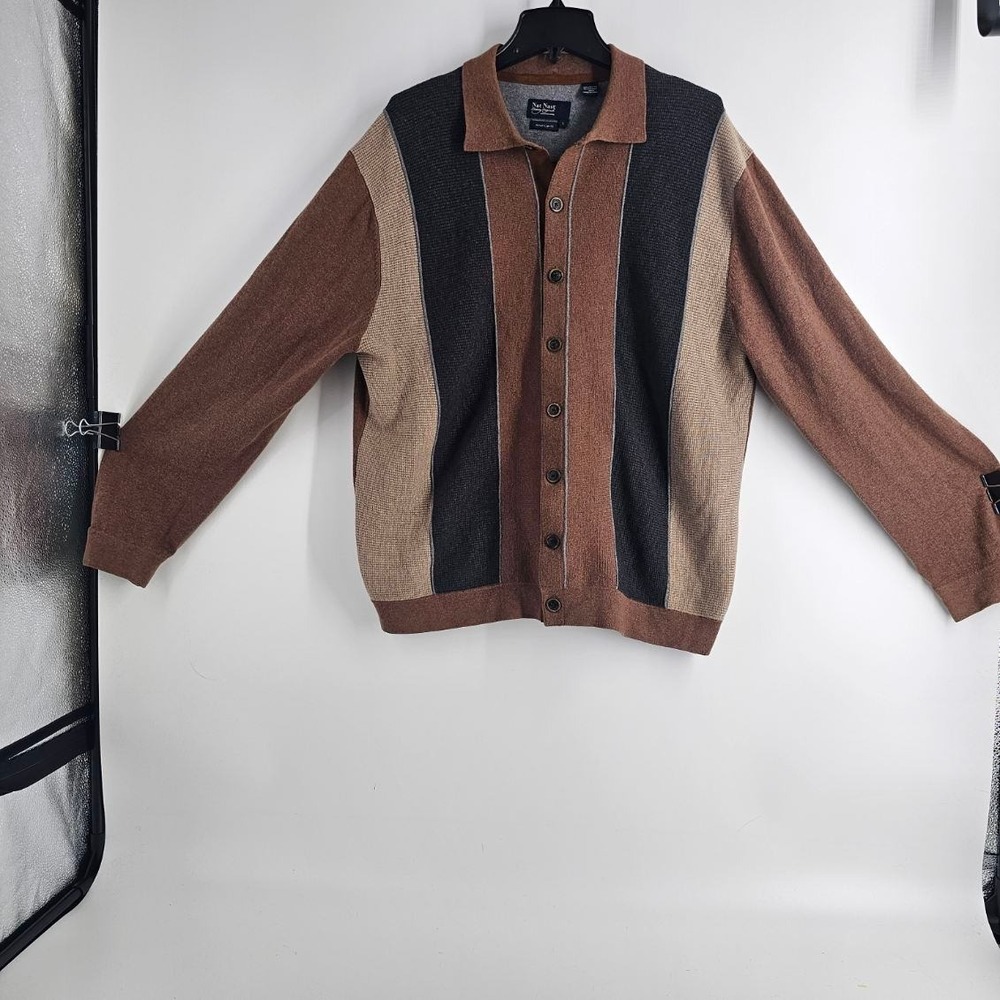 Nat Nast Cardigan Mens Size L Brown Wool Blend Button Front Striped Retro 50's
